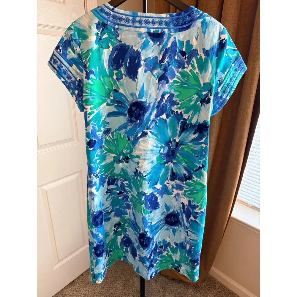 Papagallo blue and green floral V-neck cotton blend dress 8 EUC